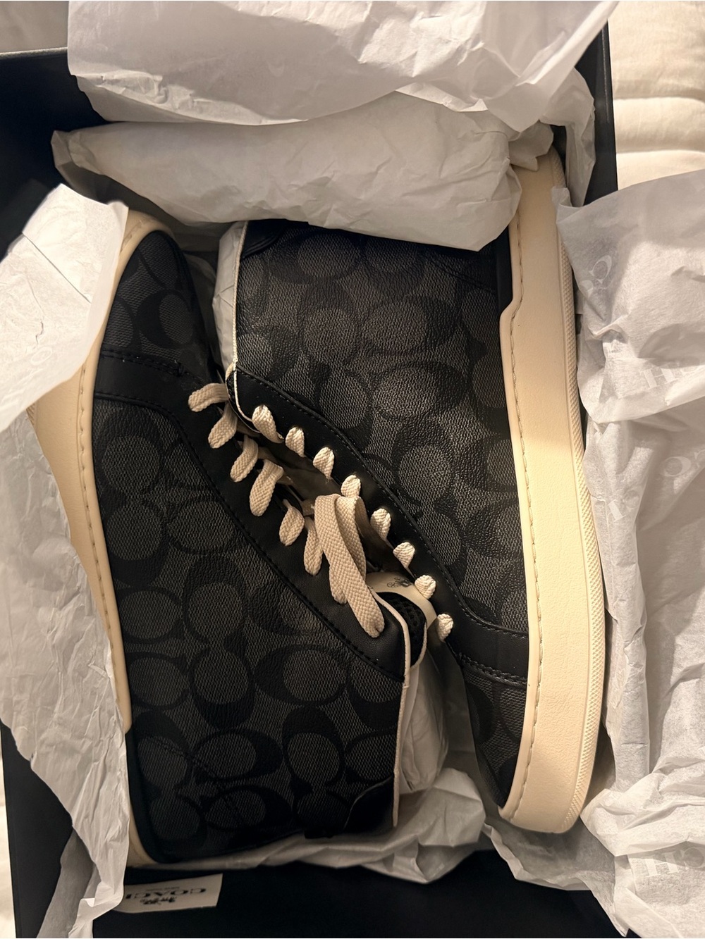 Coach Men’s Black Signature High-Top Sneakers with Cream Soles